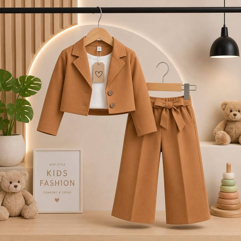 Camel Brown Crop Blazer, Inner Top & Bow Trousers 3-Piece Formal Suit Set
