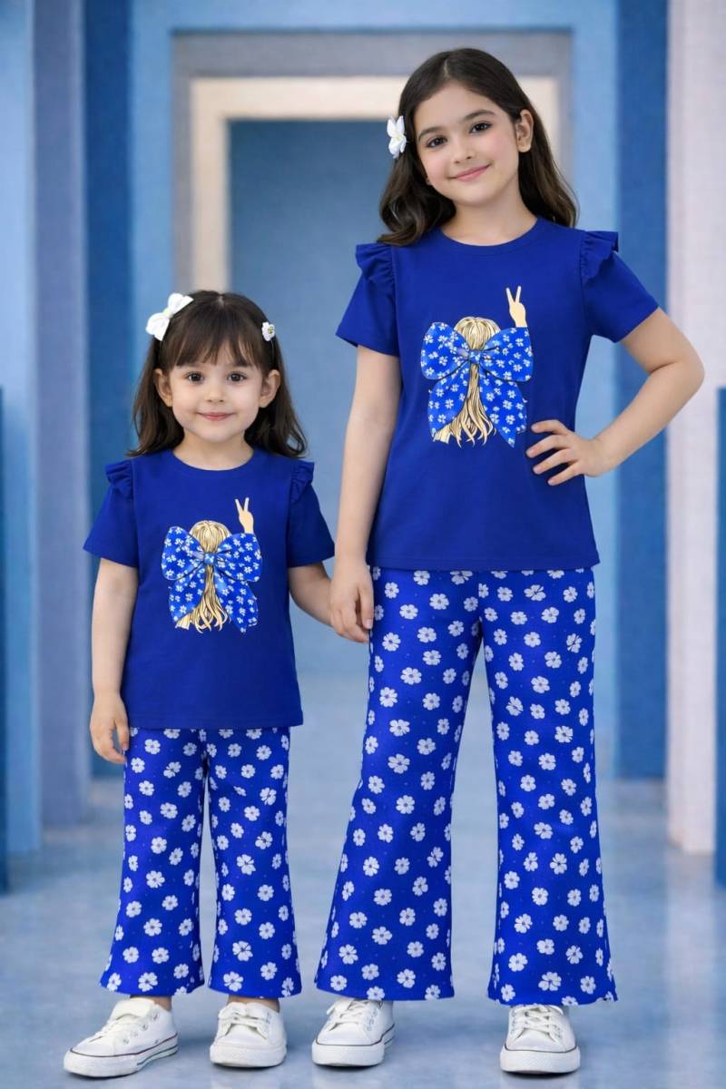 Royal Blue Floral Bow T-Shirt & Flared Pants 2-Piece