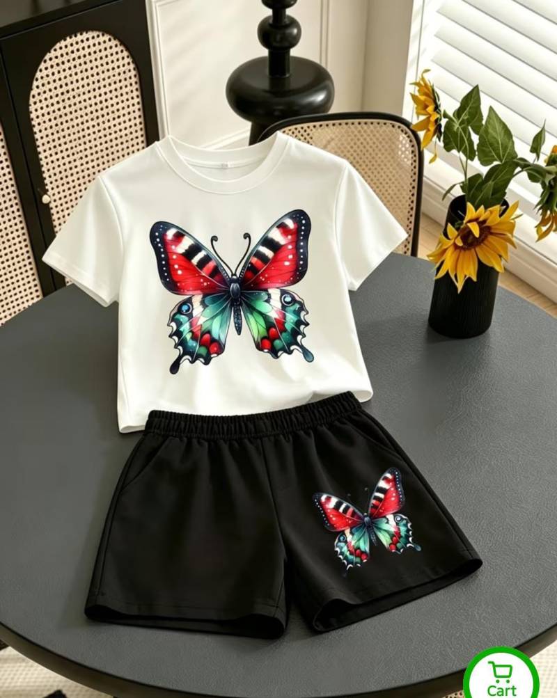 Premium Cotton Baby Girls Summer White Colorful Butterfly Printed Short Sleeve T-Shirt